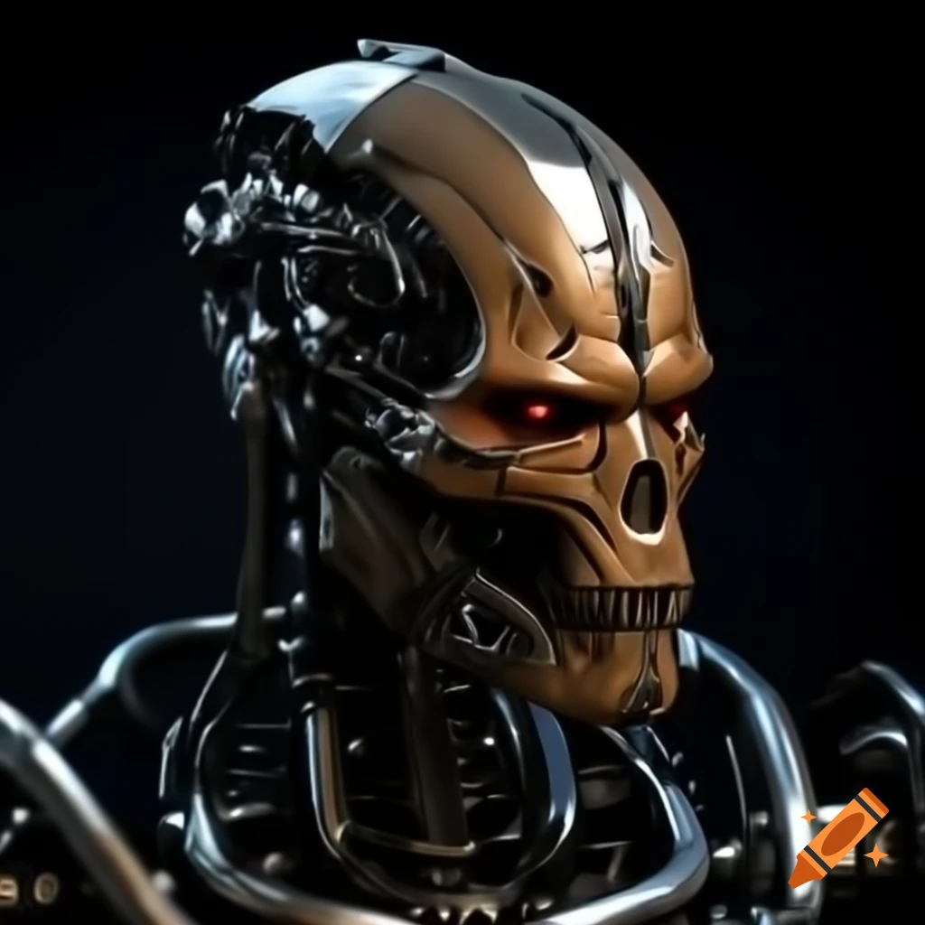 Hyperrealistic digital art of terminator endoskeleton with anonymous face in dark setting