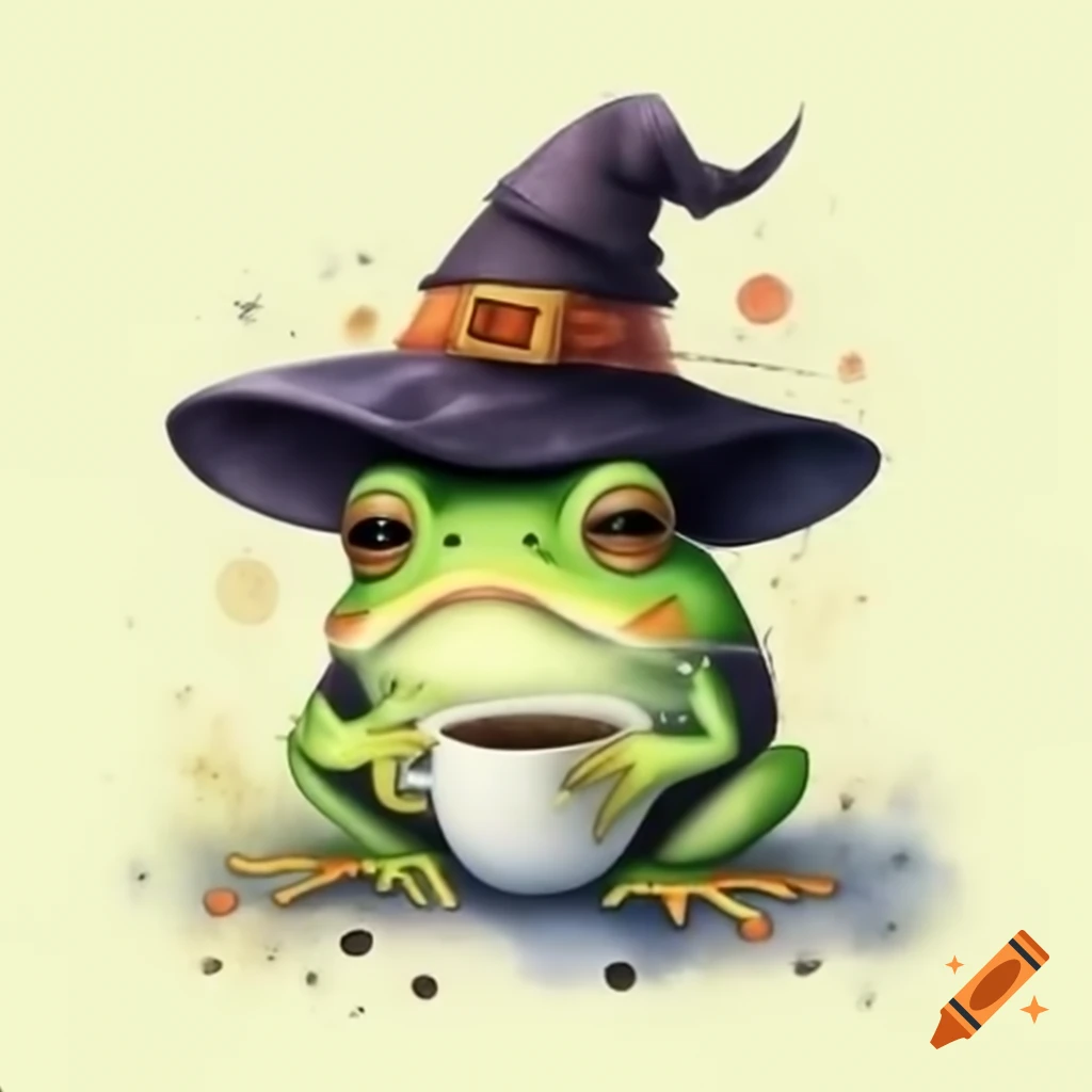 Grumpy sleepy frog in witch hat holding coffee cup