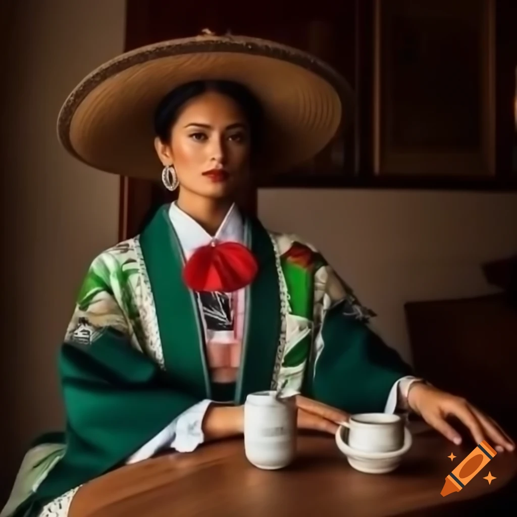 Miguel Hidalgo in colonial attire sitting in modern cafe with a cup