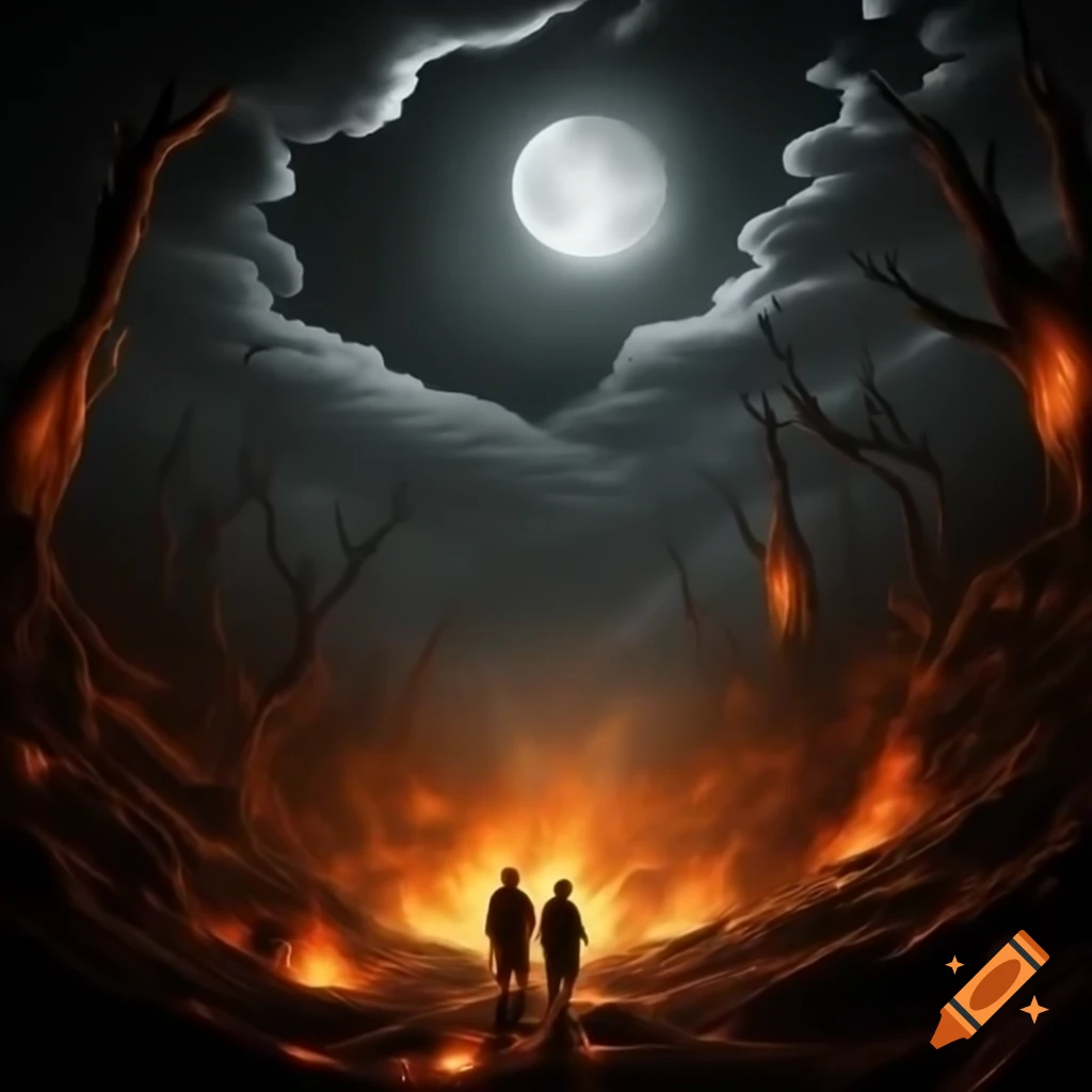 Crepuscule Natura inspired scene with fire and cultists under occult moon, detailed pen and ink style