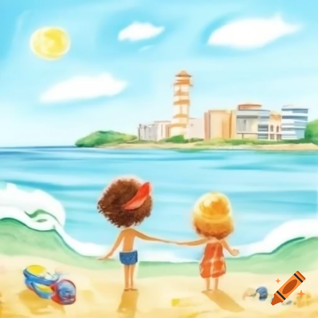 Children's drawing of Olivia and Otto at a city harbor on a sunny day with clear sky