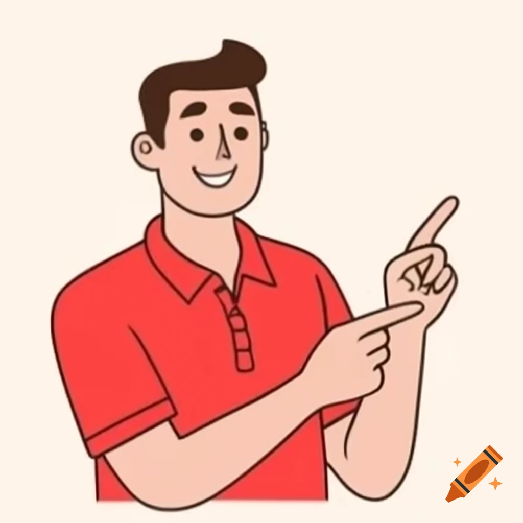 Man smiling in red polo pointing upward left