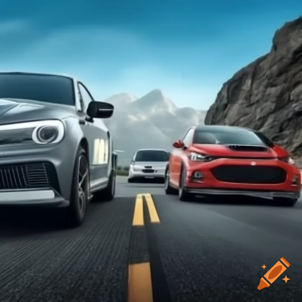 Two cars on mountain road, one ascending and one descending