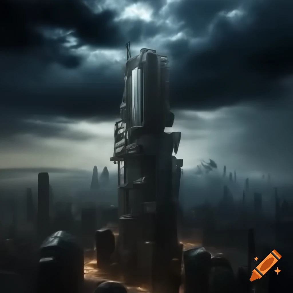 Dystopian control tower amidst cityscape with dark clouds