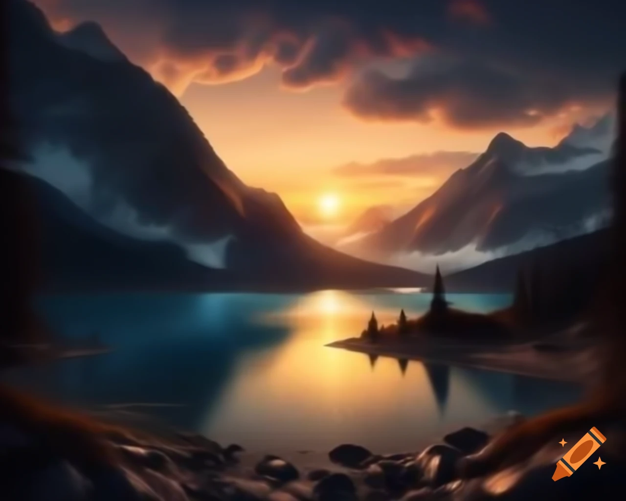 Photorealistic 3D render of mountain lake at sunset with sun rays and island in background