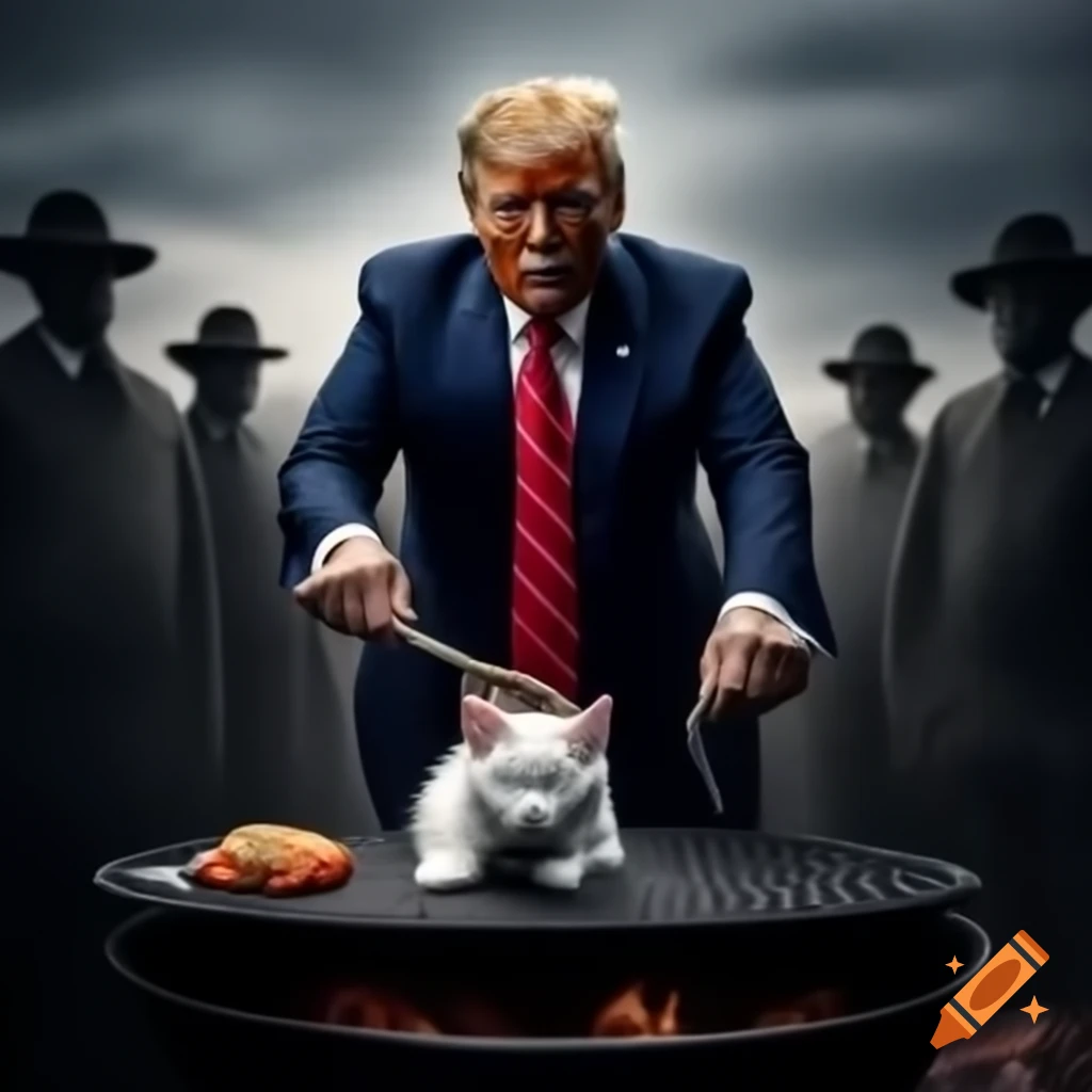 Angry Donald Trump with spatula grilling at cookout with sleeping kitten