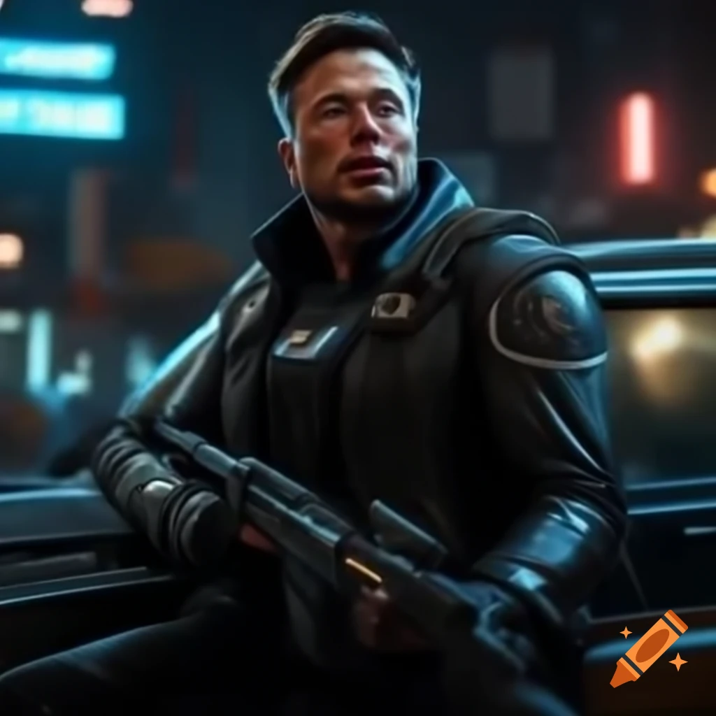 Elon Musk in advanced war-suit with laser gun on car in retro cyberpunk city