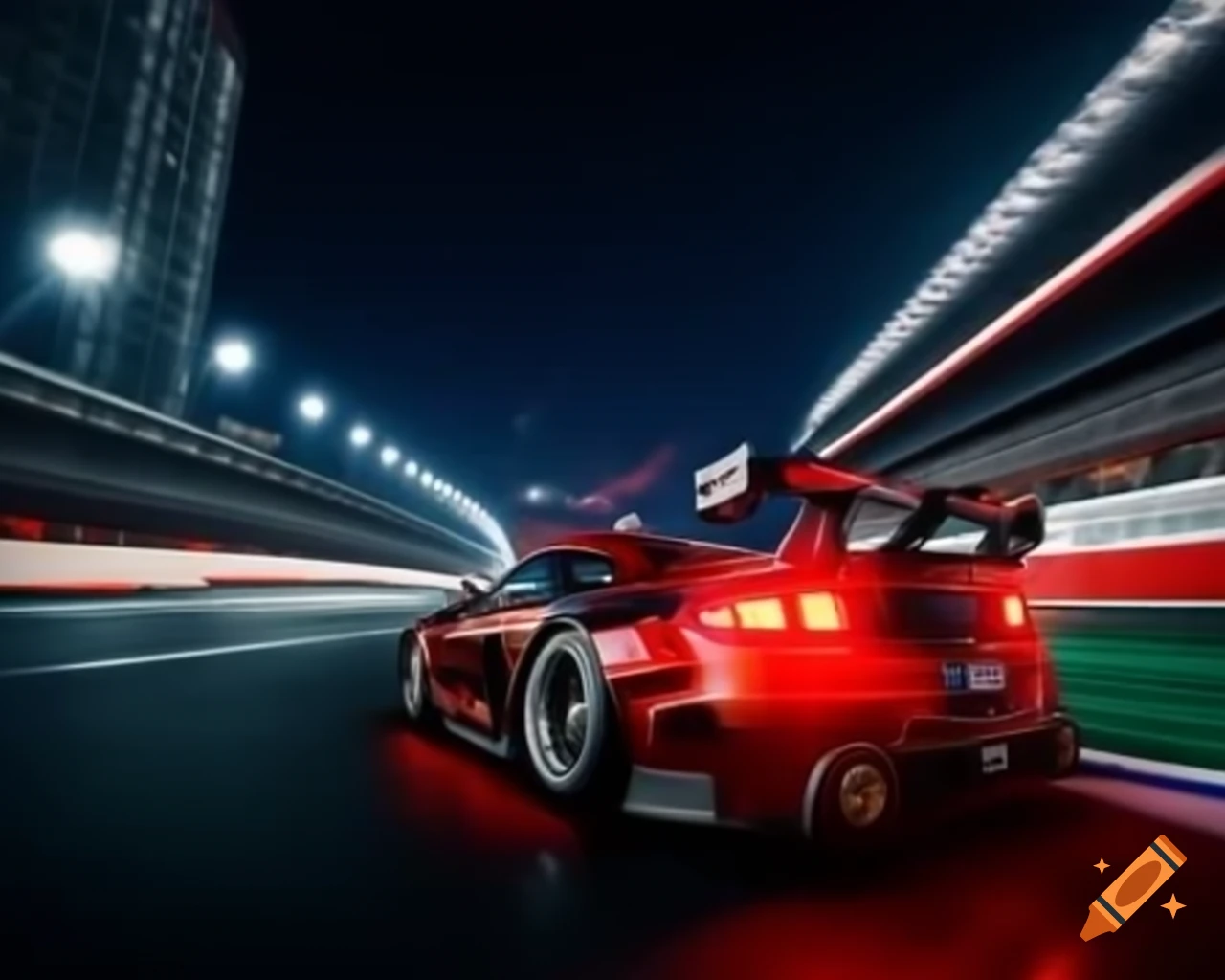 GT3 car rear tire view in racing game promo art on urban night track with vibrant colors