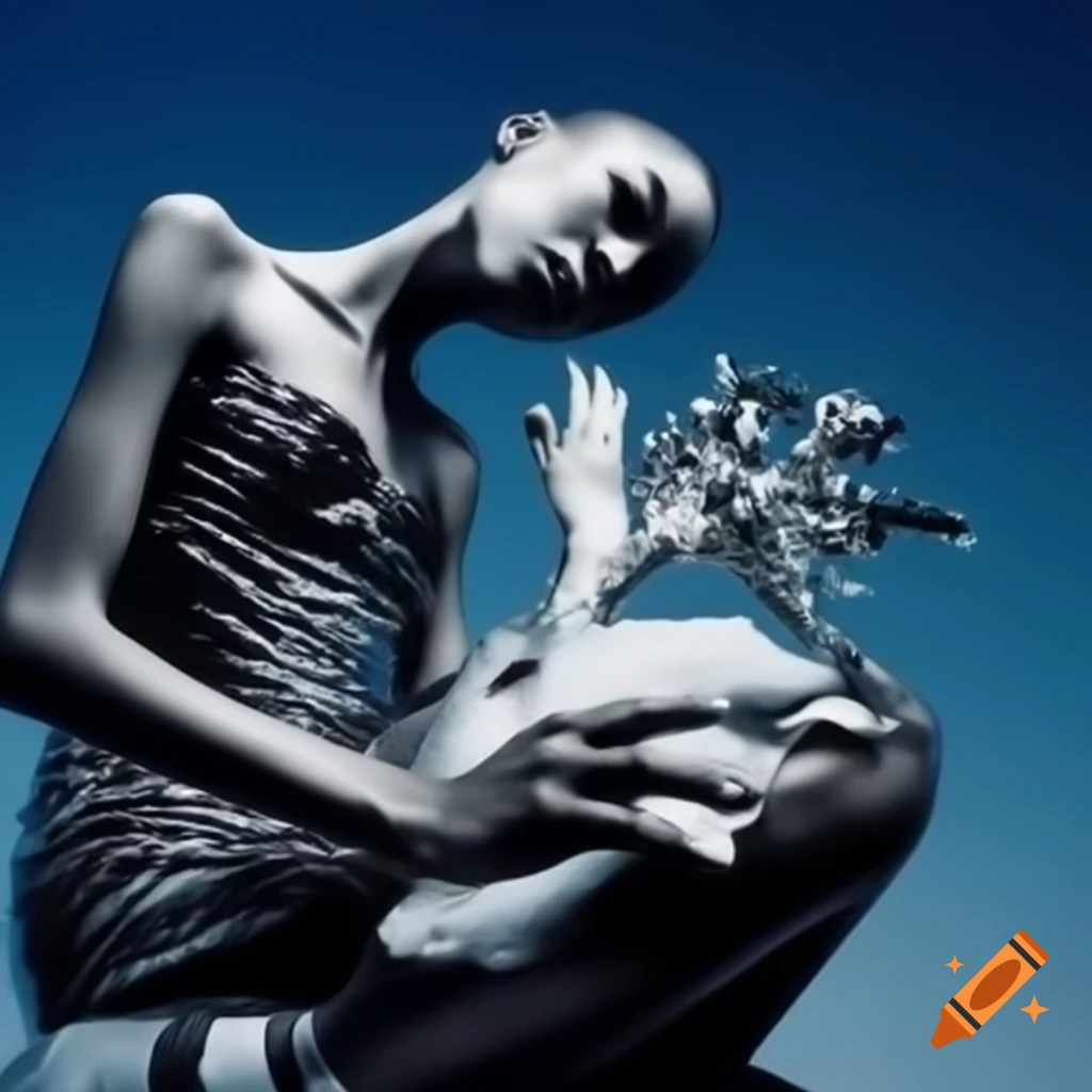 Pop surreal photography featuring a silver statue from the 2000s