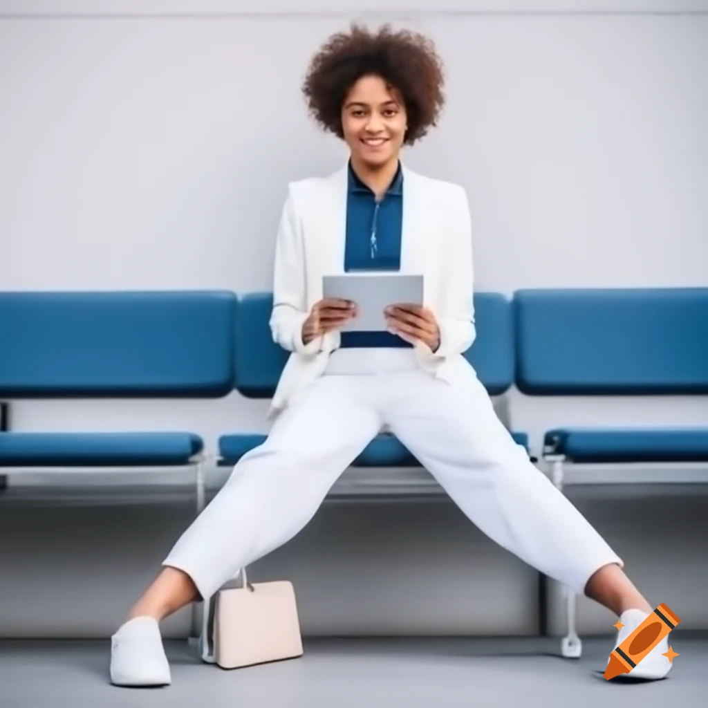 Latino executive woman in blue suit and white shirt sitting on a bench