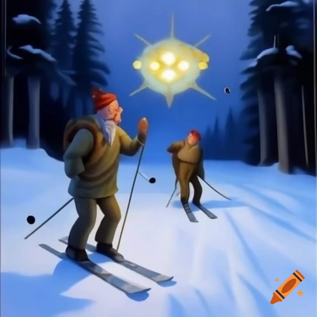 Skiers in snowy forest gazing up at bright UFO in the sky