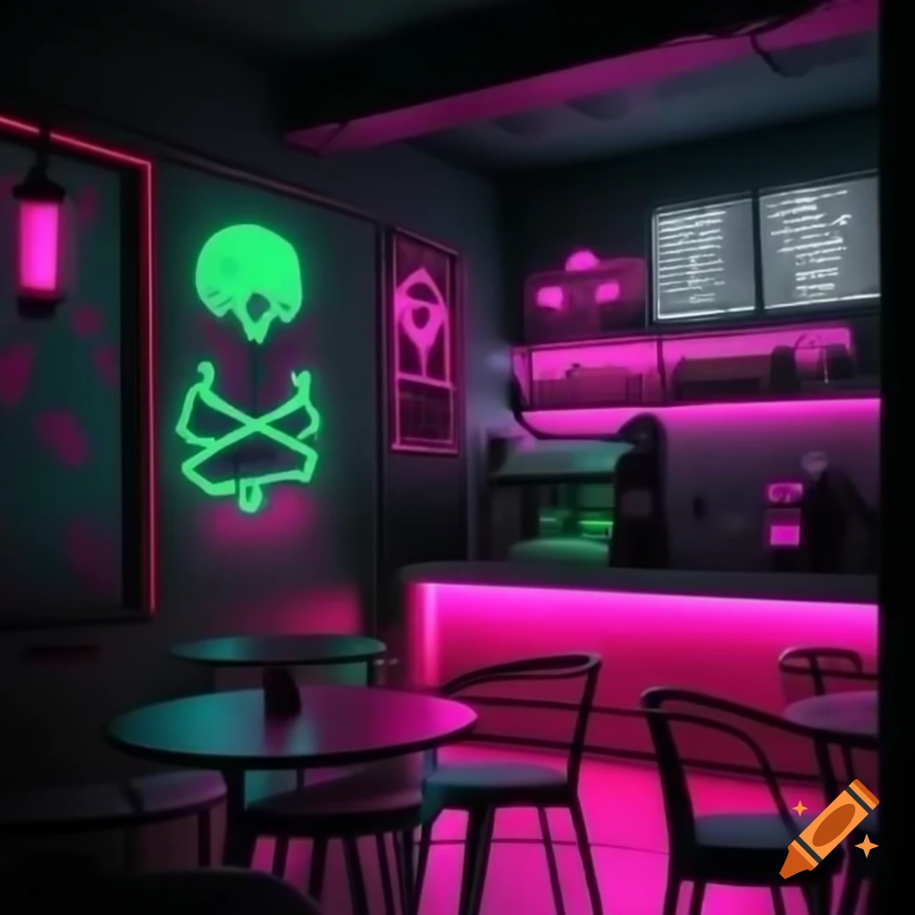 Colorful coffee cafe with neon skulls, pastries, and seating