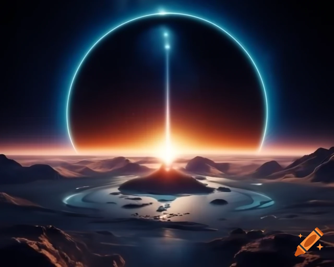 Hyperrealistic black hole in space surrounded by stars with blue and orange rim lights