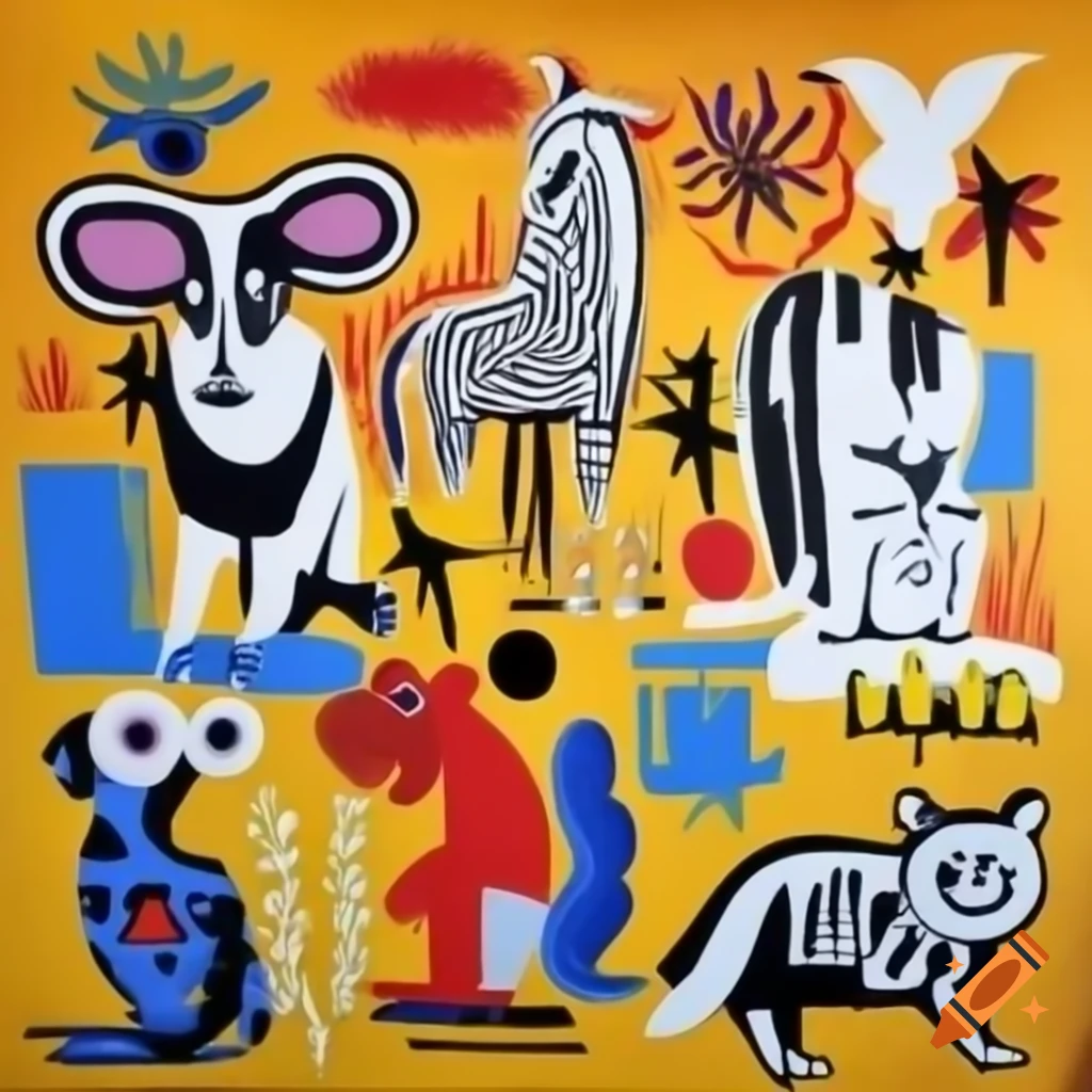 Colorful painting featuring multiple animals by Jean-Michel Basquiat and Wifredo Lam
