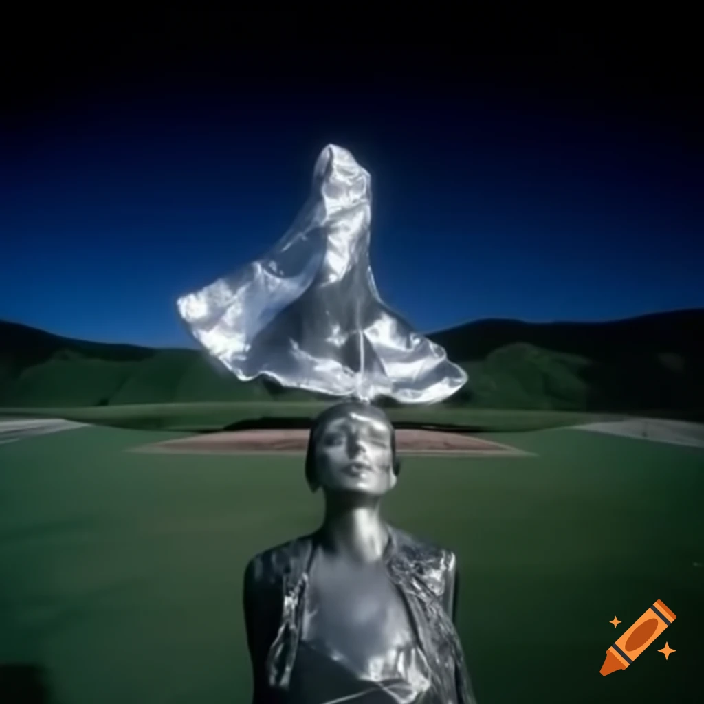 Pop surreal photography featuring a silver statue from the 2000s