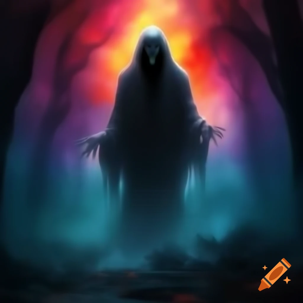 Demonic ghost surrounded by colorful mist in the woods