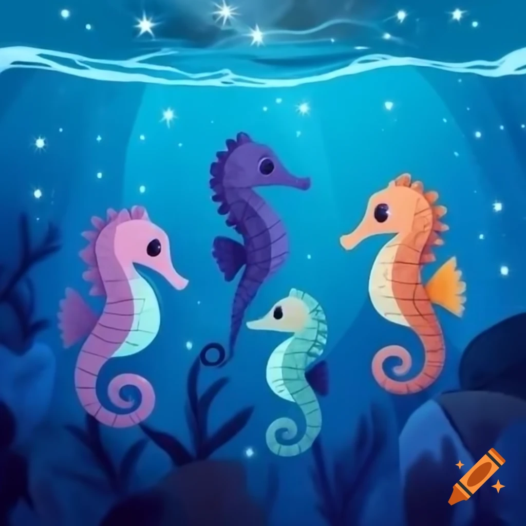 Cute seahorses swimming in a starry dreamscape