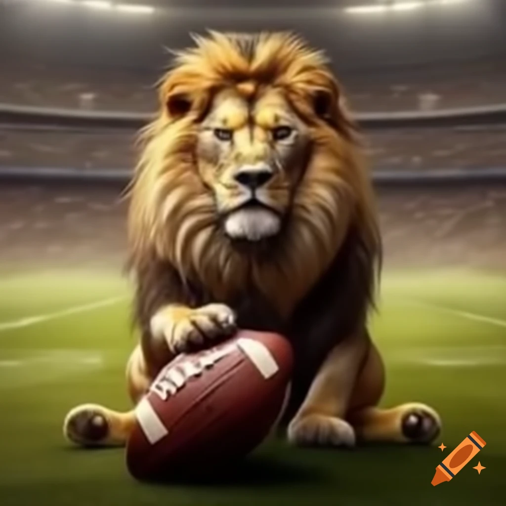 Lion perched on a football