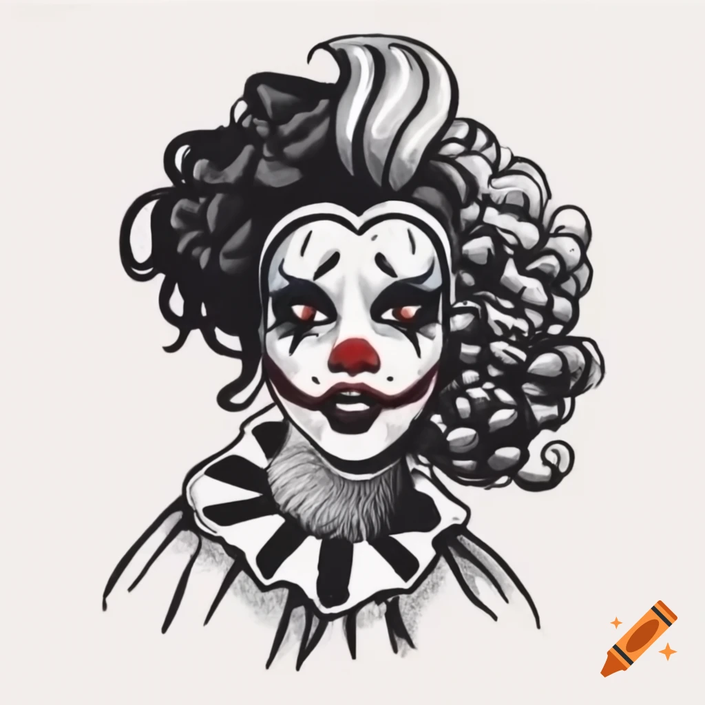 Creepy harlequin character with curls, featuring African American traits