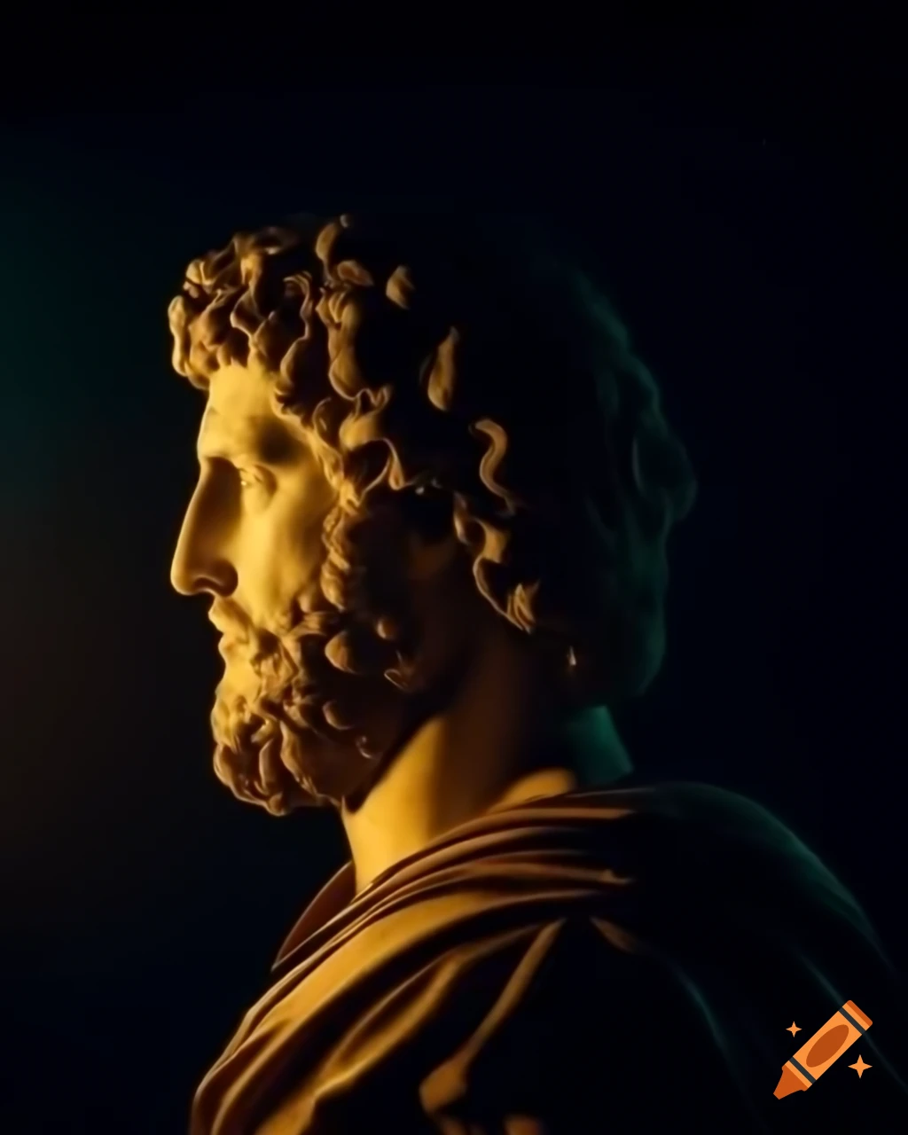 Bust of stoic Marcus Aurelius in dramatic lighting