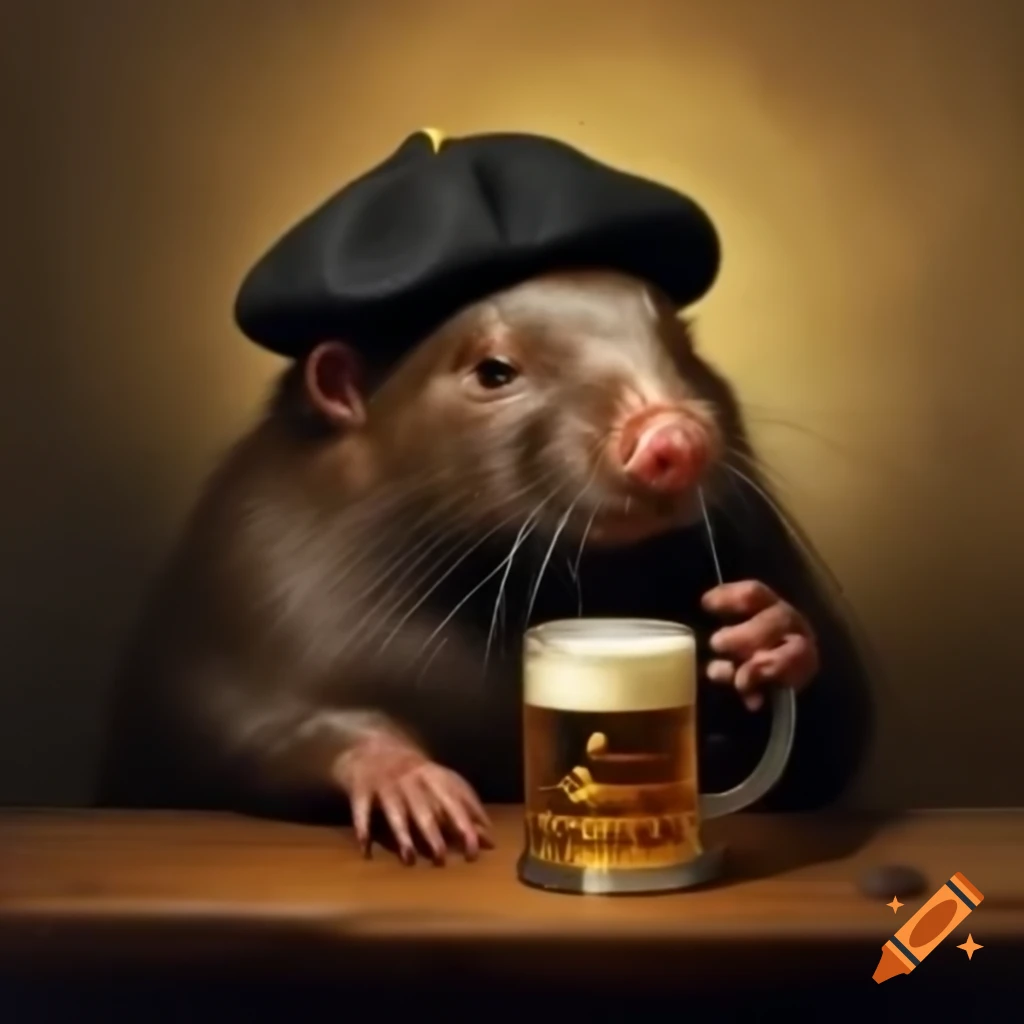 British mole in beret holding beer mug and pipe, dark appearance
