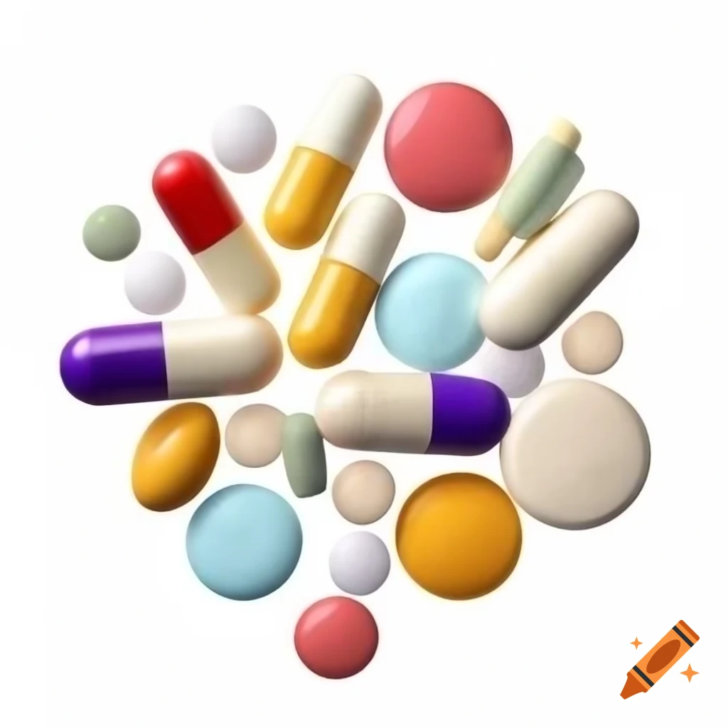 Ultra-realistic depiction of various colorful vitamin pills on white background