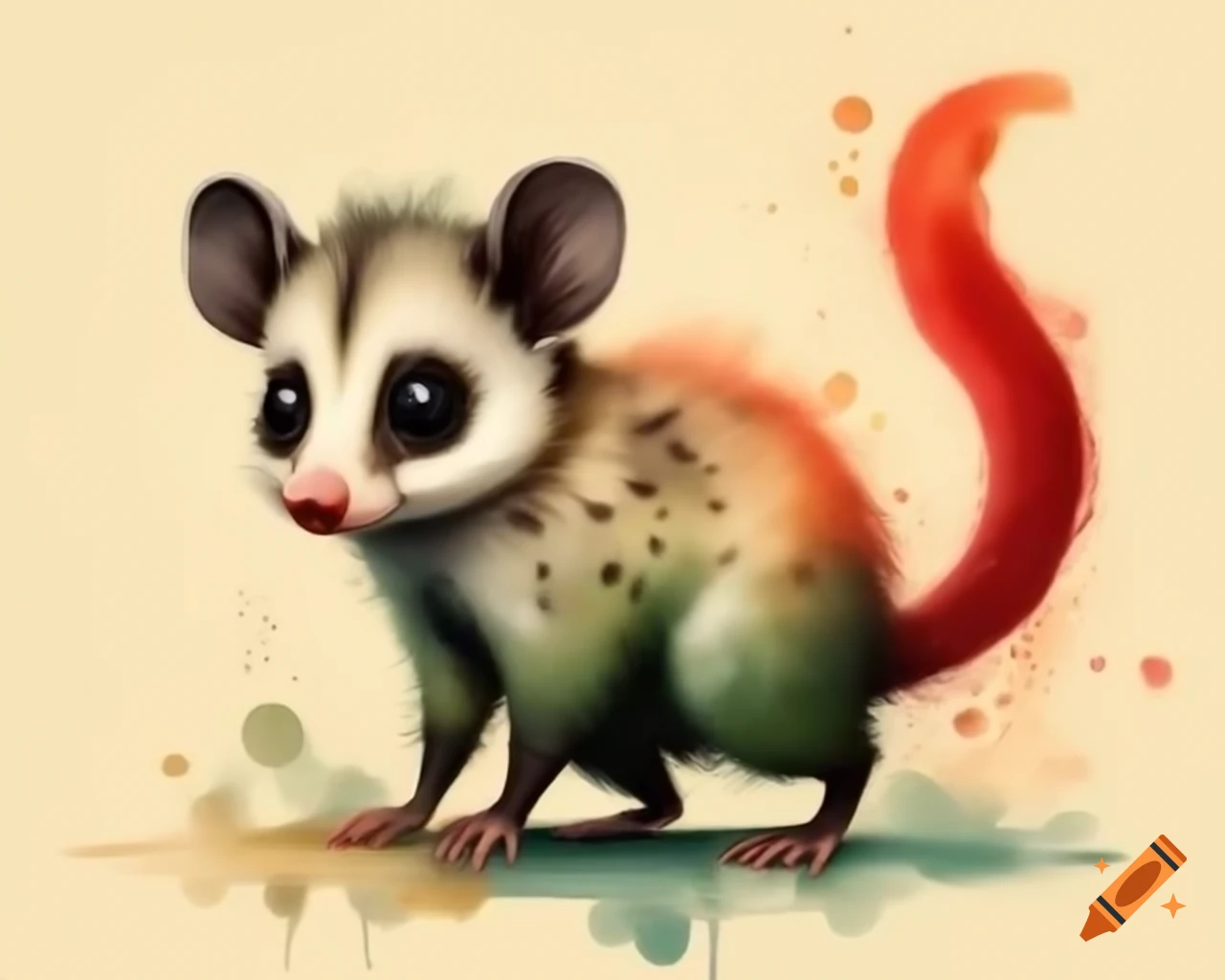 Gum nut baby possum in watercolor cartoon style with red, green, and gold shades