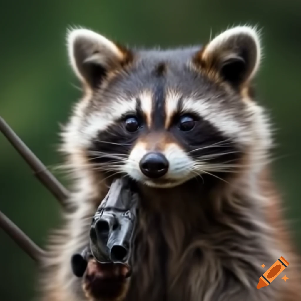 Raccoon holding a gun in a whimsical setting
