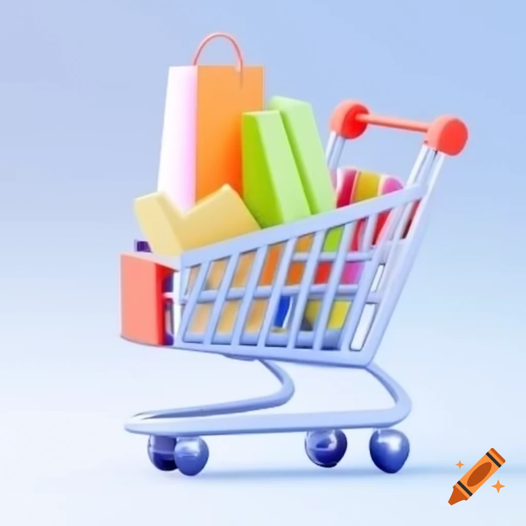 Minimal 3D favicon design featuring shopping cart with bags