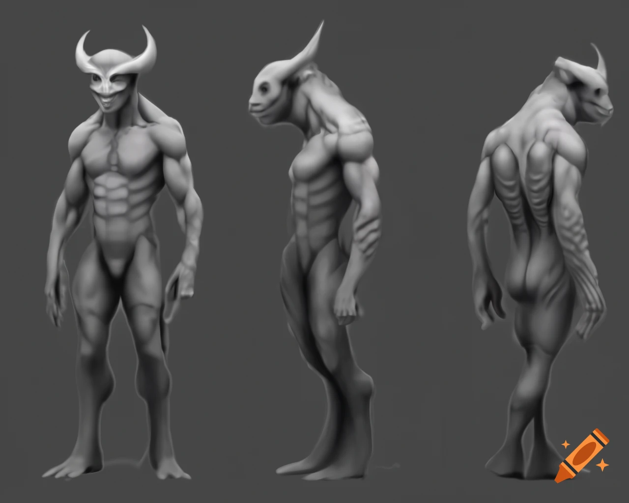 Full-body pencil sketch of a fantastical creature with no eyes, horns, and four arms from multiple angles