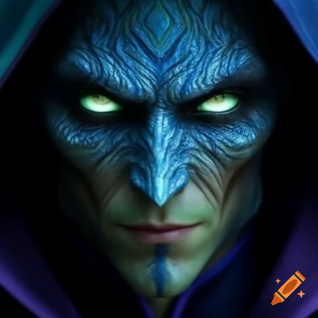 Blue and green malefic magician character with face cover