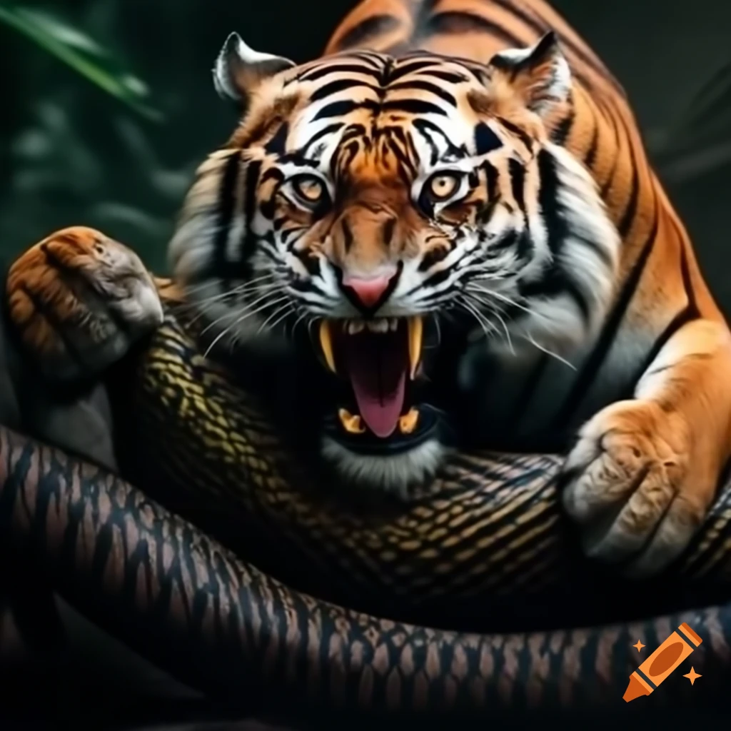 Tiger engaging with snake in the wild