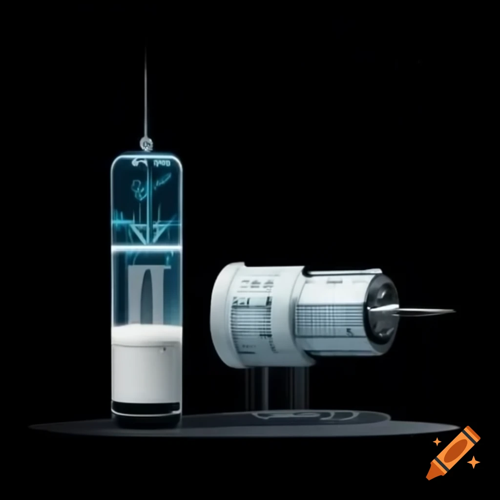 Futuristic handheld device for injecting milk, with measurement cylinder, on black background