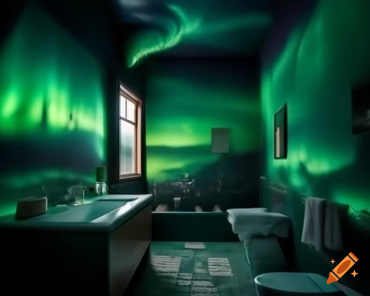 Northern lights themed bathroom, stylish interior photography