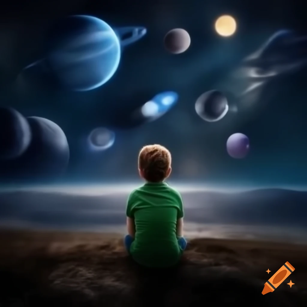 Boy observing eleven planets along with the sun and moon