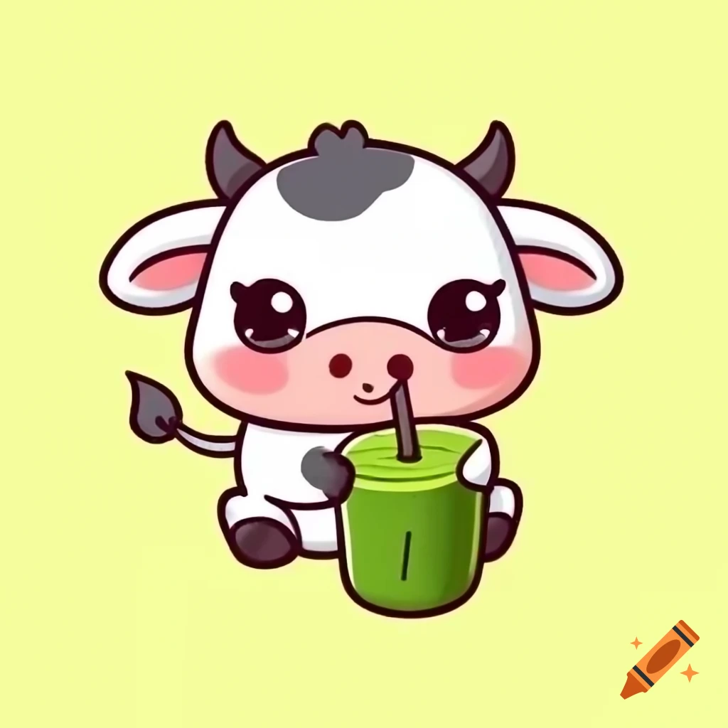 Cute cartoon cow drinking matcha with puppy eyes