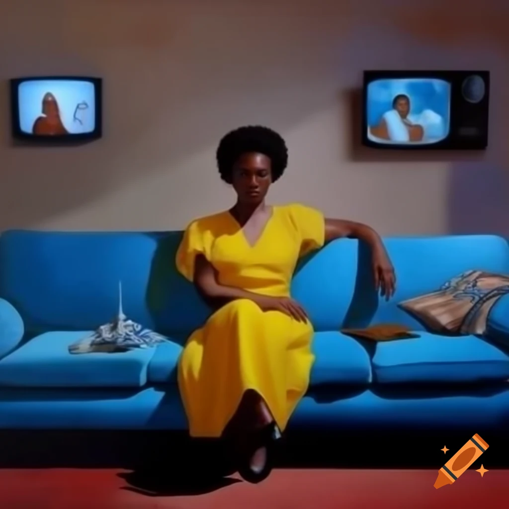 Modern oil painting of young black woman in yellow dress on blue sofa with TV and family picture