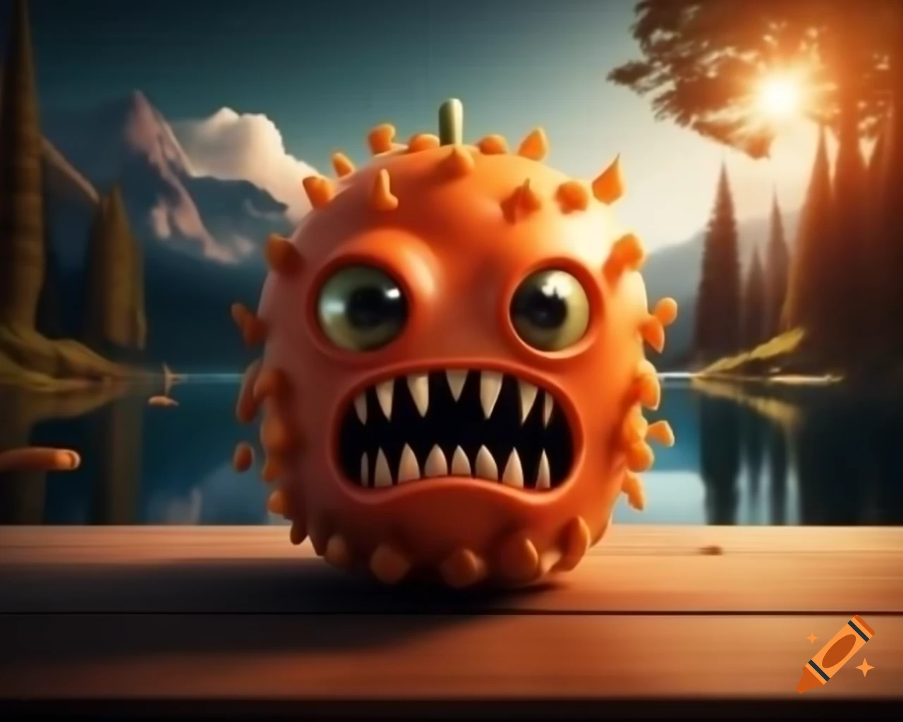 Hyper-realistic 3D orange fruit monster with human features on wooden table