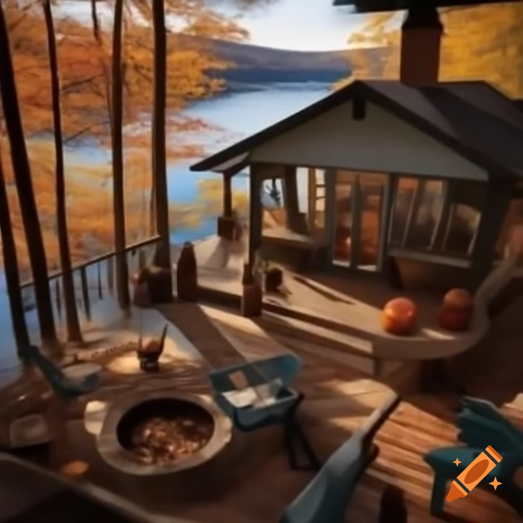 Autumn lakeside coffee shop porch with fireplace overlooking the lake