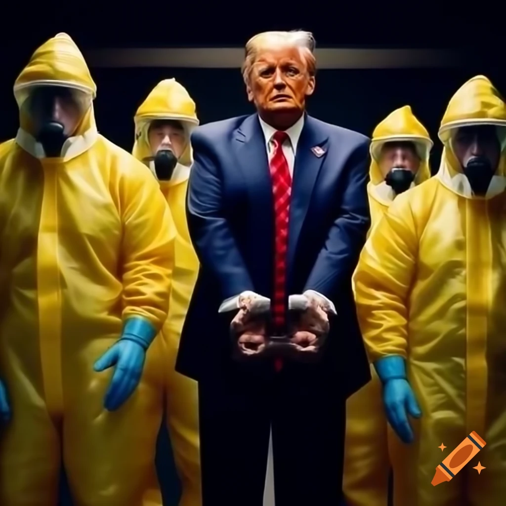 Photorealistic satire of Donald Trump handcuffed by men in yellow hazmat suits