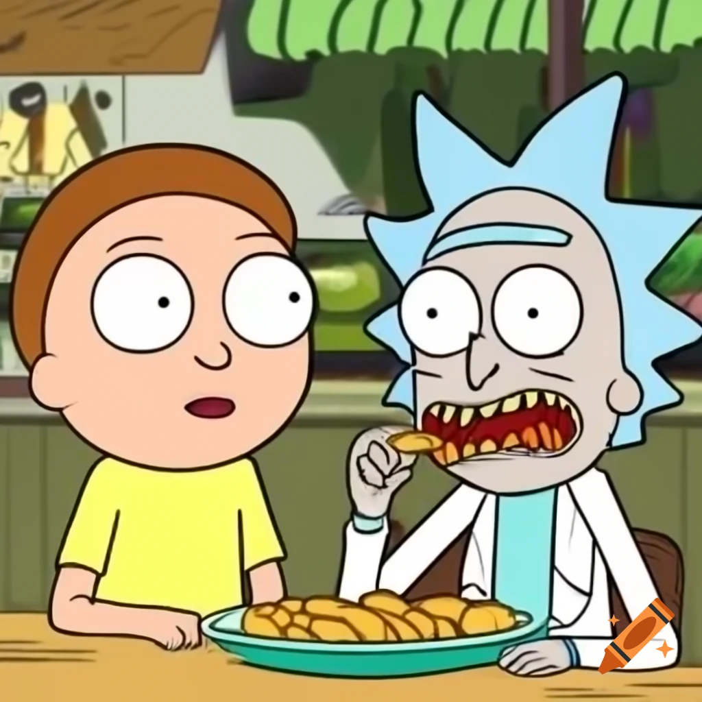 Rick and Morty enjoying tater tots together