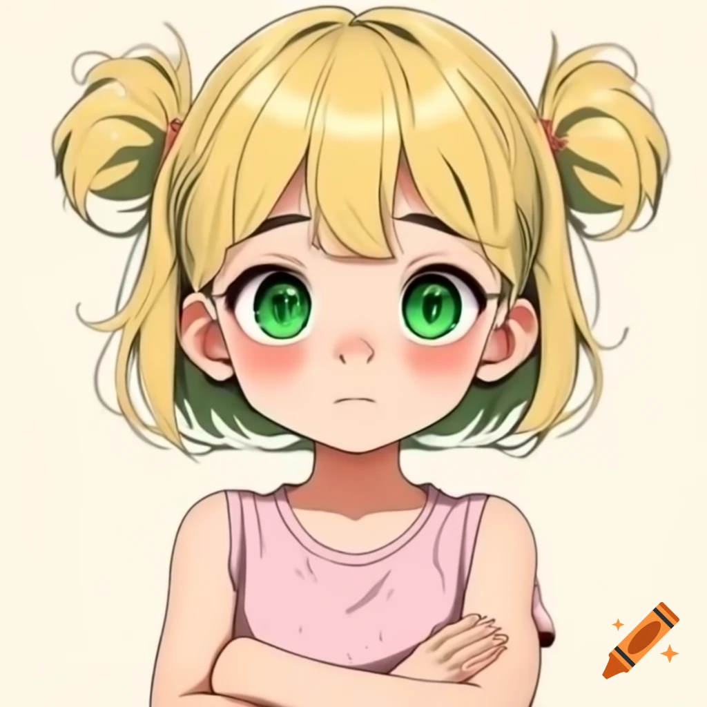 Anime girl with blonde hair and green eyes in pink sleeveless t-shirt