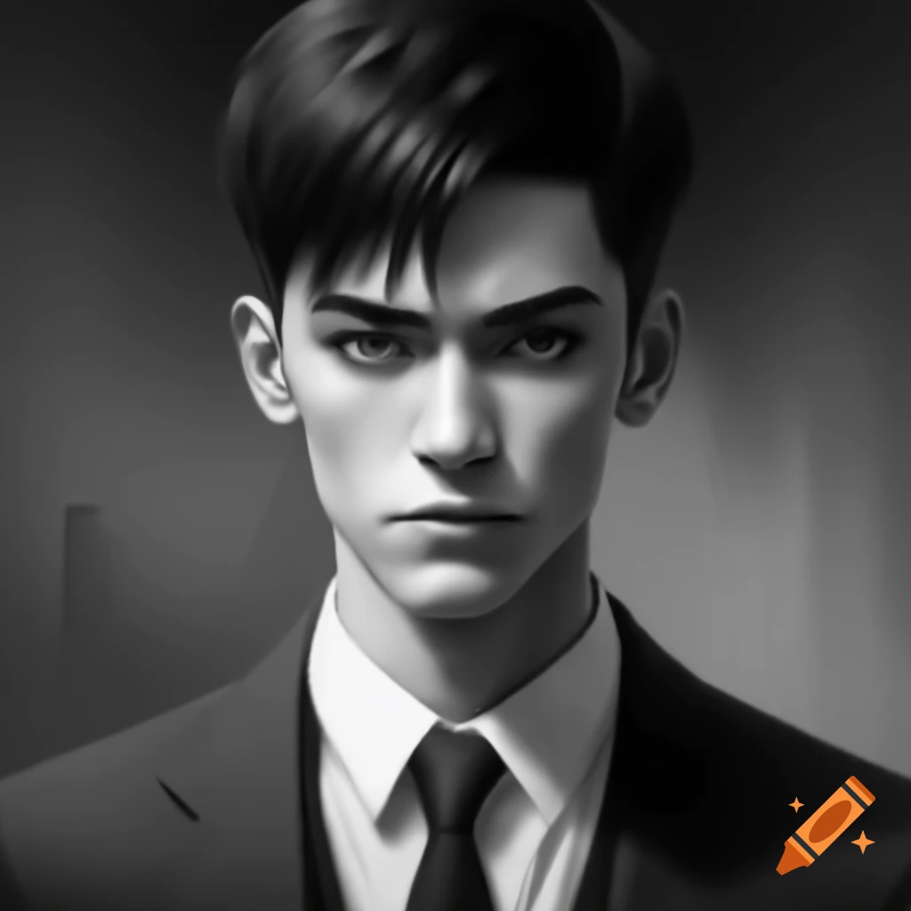 Detailed black-and-white portrait of a confident young man in a suit