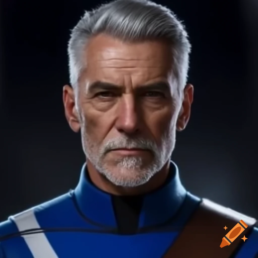 Sci-fi ranger in blue and white uniform with gray hair and strong features