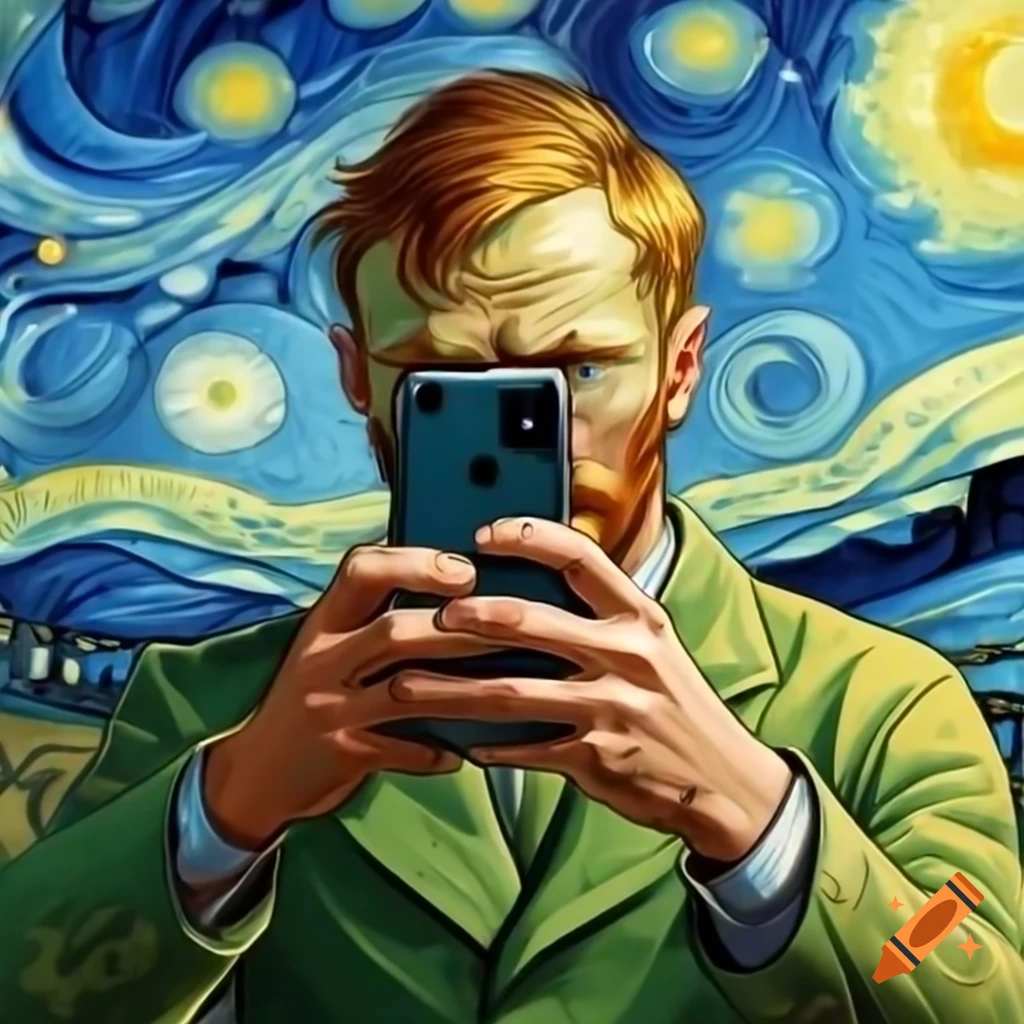 Van Gogh style self-portrait posing with a smartphone