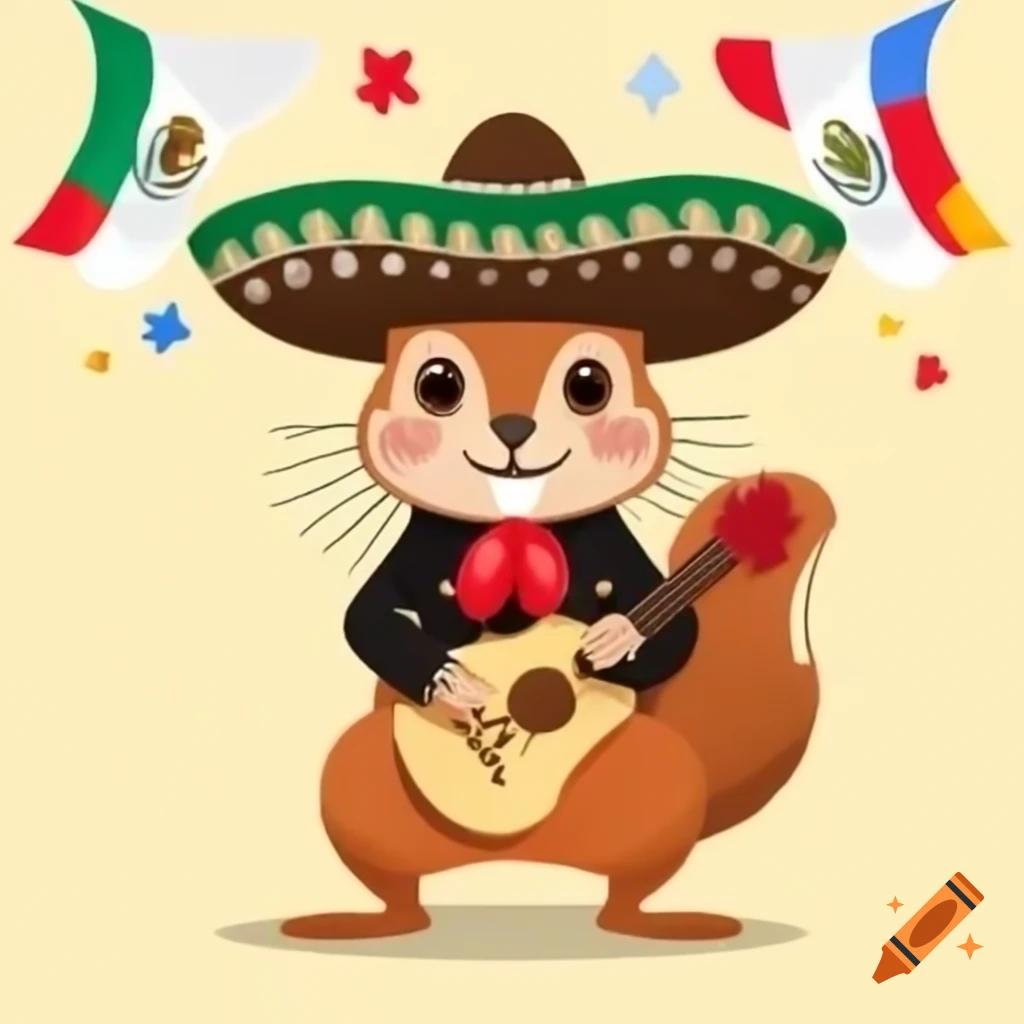 Happy squirrel in charro outfit holding red guitar with Mexican flag background