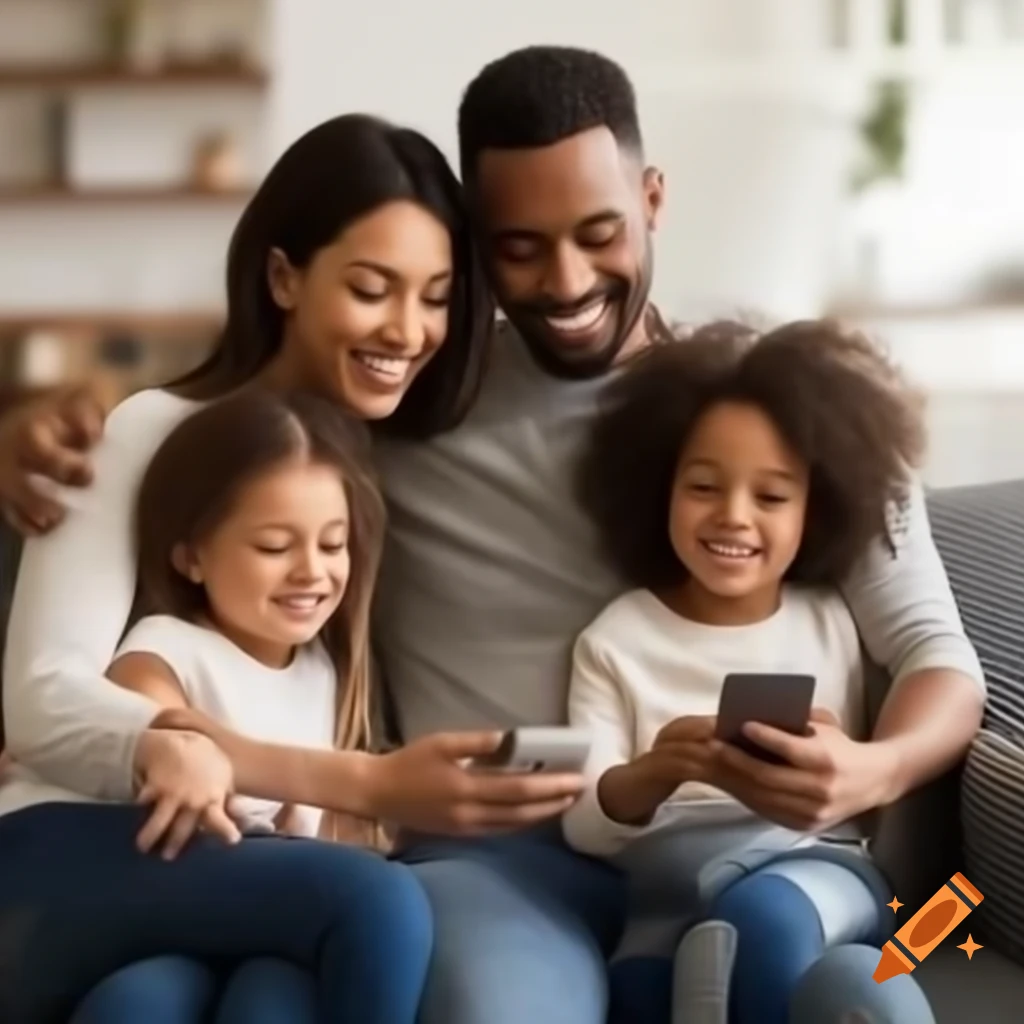 Family sitting together holding a smartphone