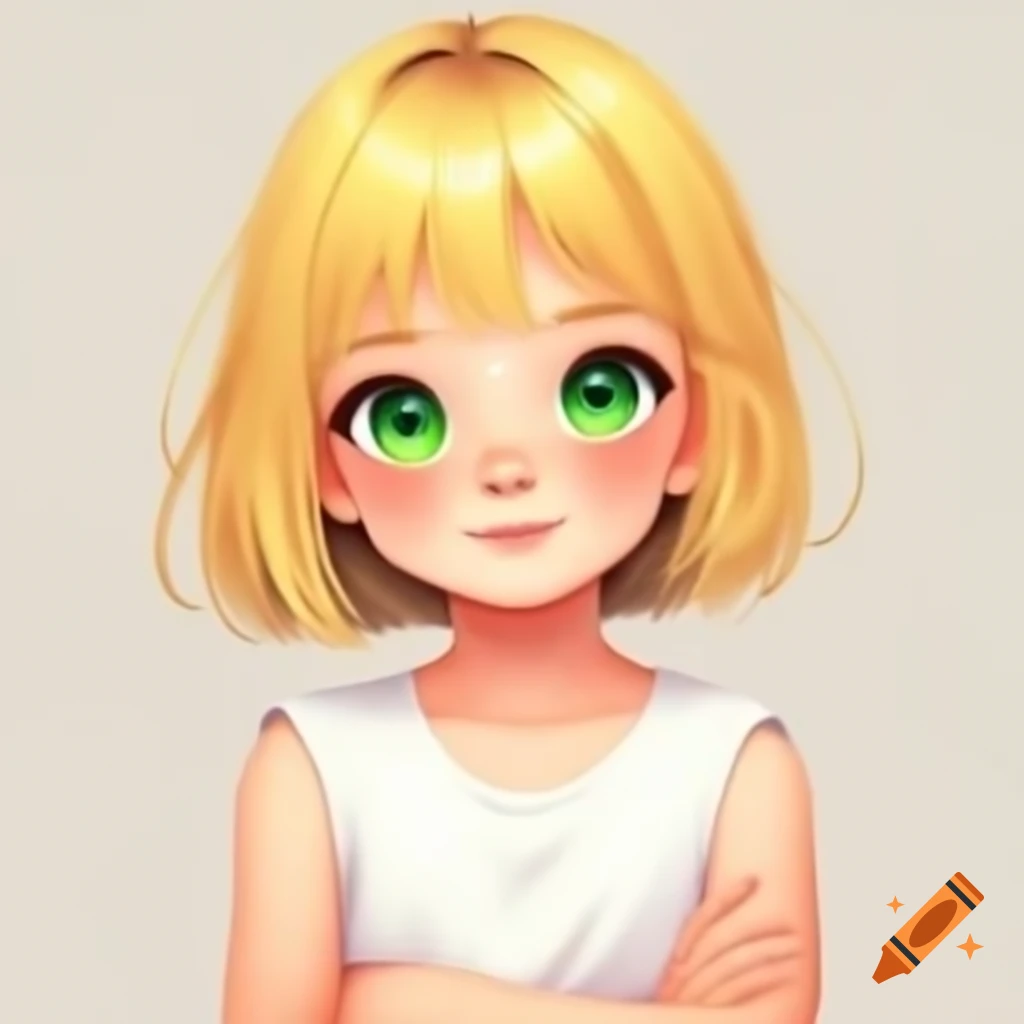 Anime girl with blonde hair and green eyes, wearing pink sleeveless shirt with arms crossed