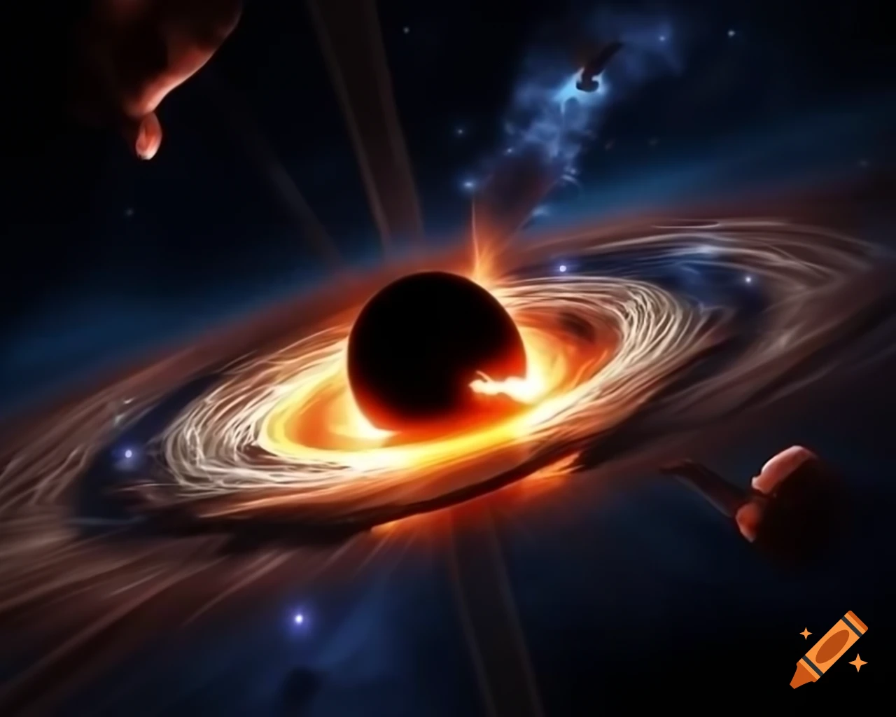 Realistic black hole in star-filled space with artistic anamorphic lens flare