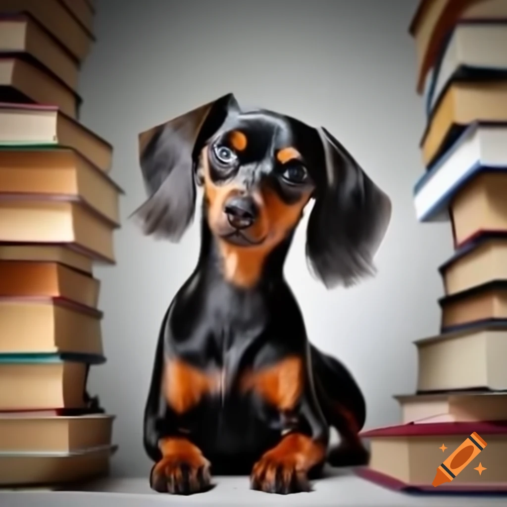 Cute female pinscher dog wearing biology clothes and holding books